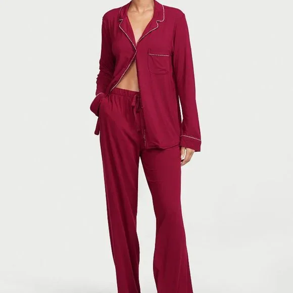 VS XS Regular 30" Inseam Modal PJ Set Red with Leopard Piping NWT - Picture 4 of 16